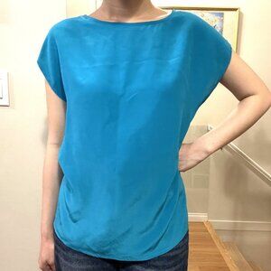100% SILK VINTAGE CERULEAN BLUE BATEAU NECK BLOUSE